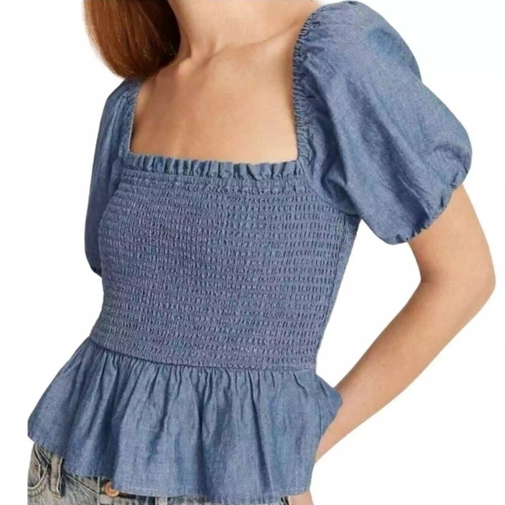 NWT J. Crew Smocked Square neck Puff Sleeve Chambray Slight Crop Top Size XXL